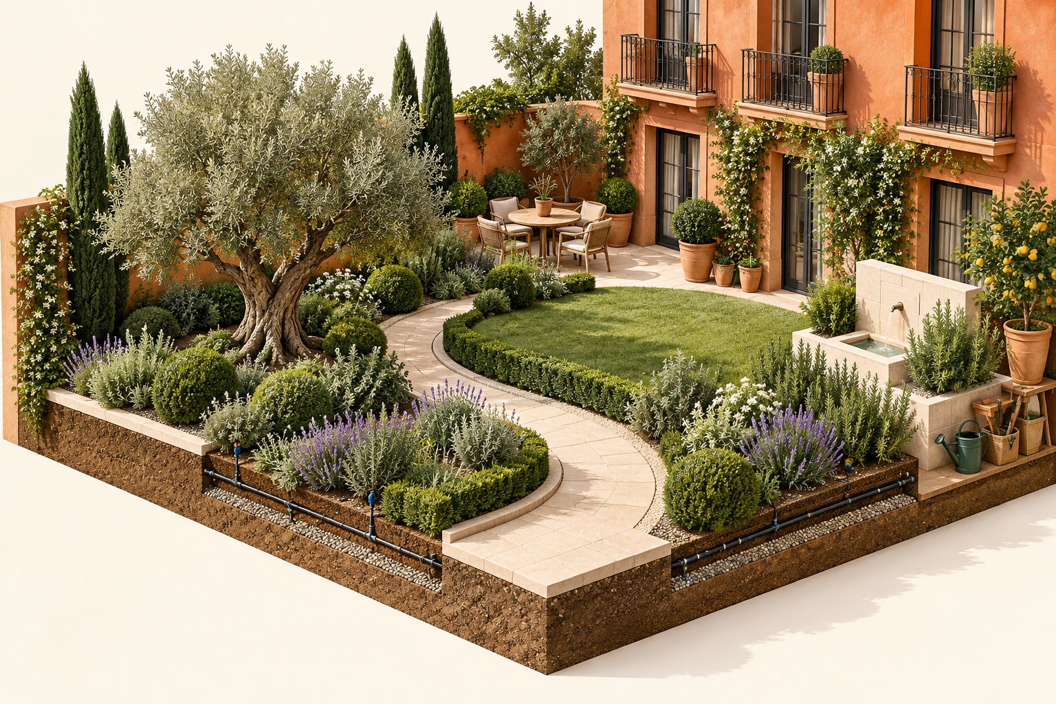 Ilustración de un jardín residencial con olivo, plantas aromáticas y riego por goteo